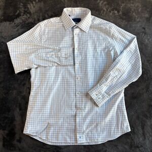 David Donahue Mens Luxury Trim Fit Dress Shirt Blue Gingham Check Size 17
